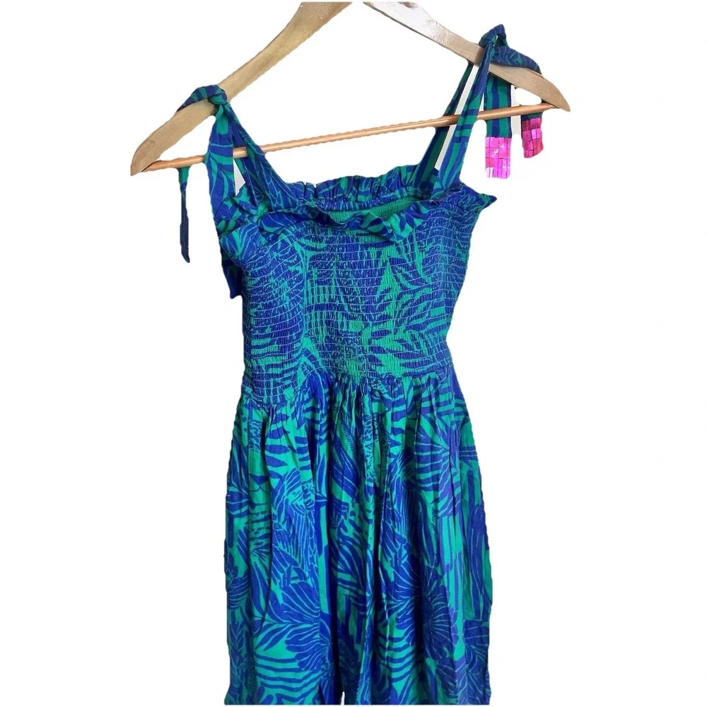 Briton Court Hawaiian Smocked Dress Girls Sz 8 Floral Hula Blue Print Hawaii